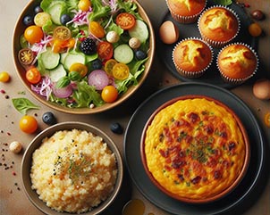 un plato con ensalada, otro plato con tortilla de patatas, otro plato con risotto y muffins